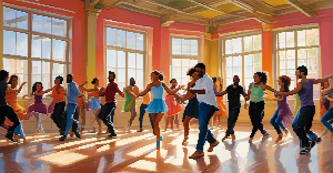 A diverse group of people dancing in a bright studio, showcasing different dance styles.