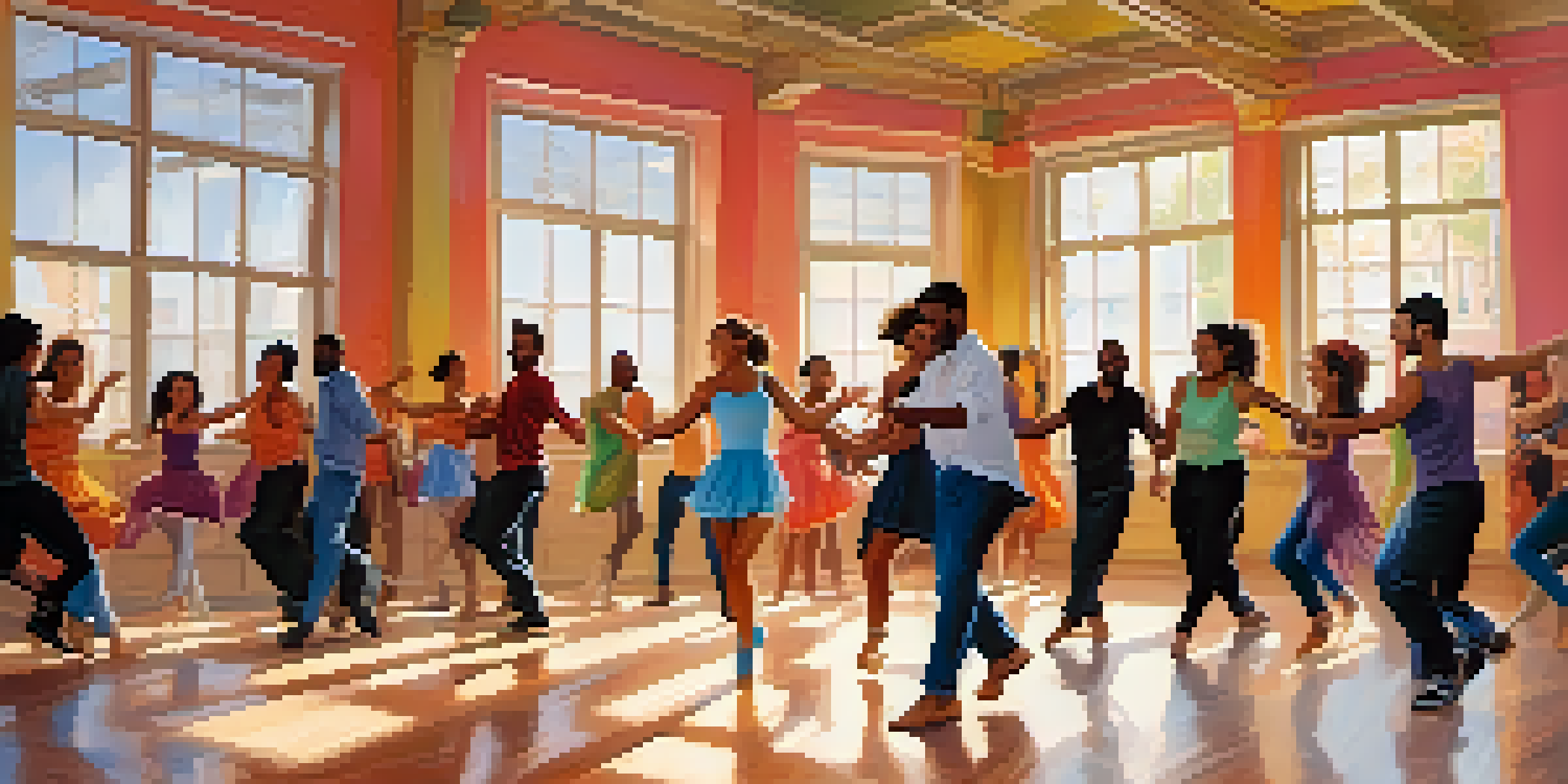 A diverse group of people dancing in a bright studio, showcasing different dance styles.