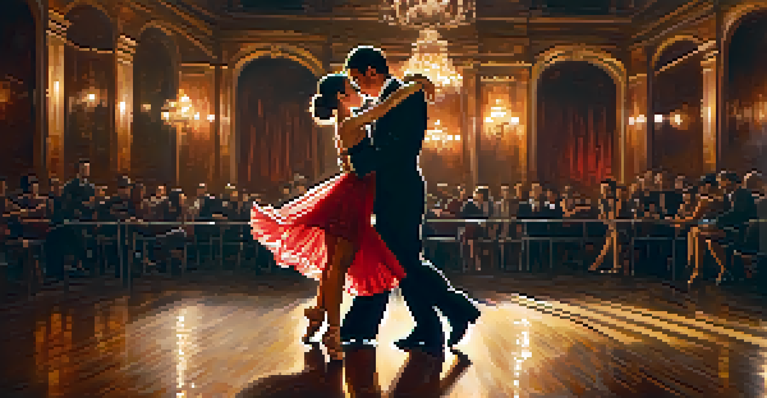 Two dancers performing a passionate tango in a dimly lit vintage setting, showcasing their intricate footwork.
