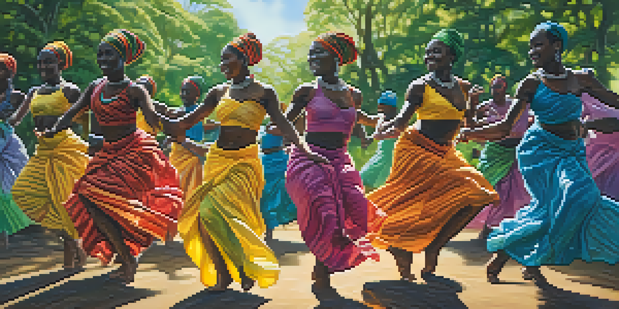 A diverse group of dancers in colorful traditional attire performing a dance in a green landscape, with sunlight filtering through the trees.