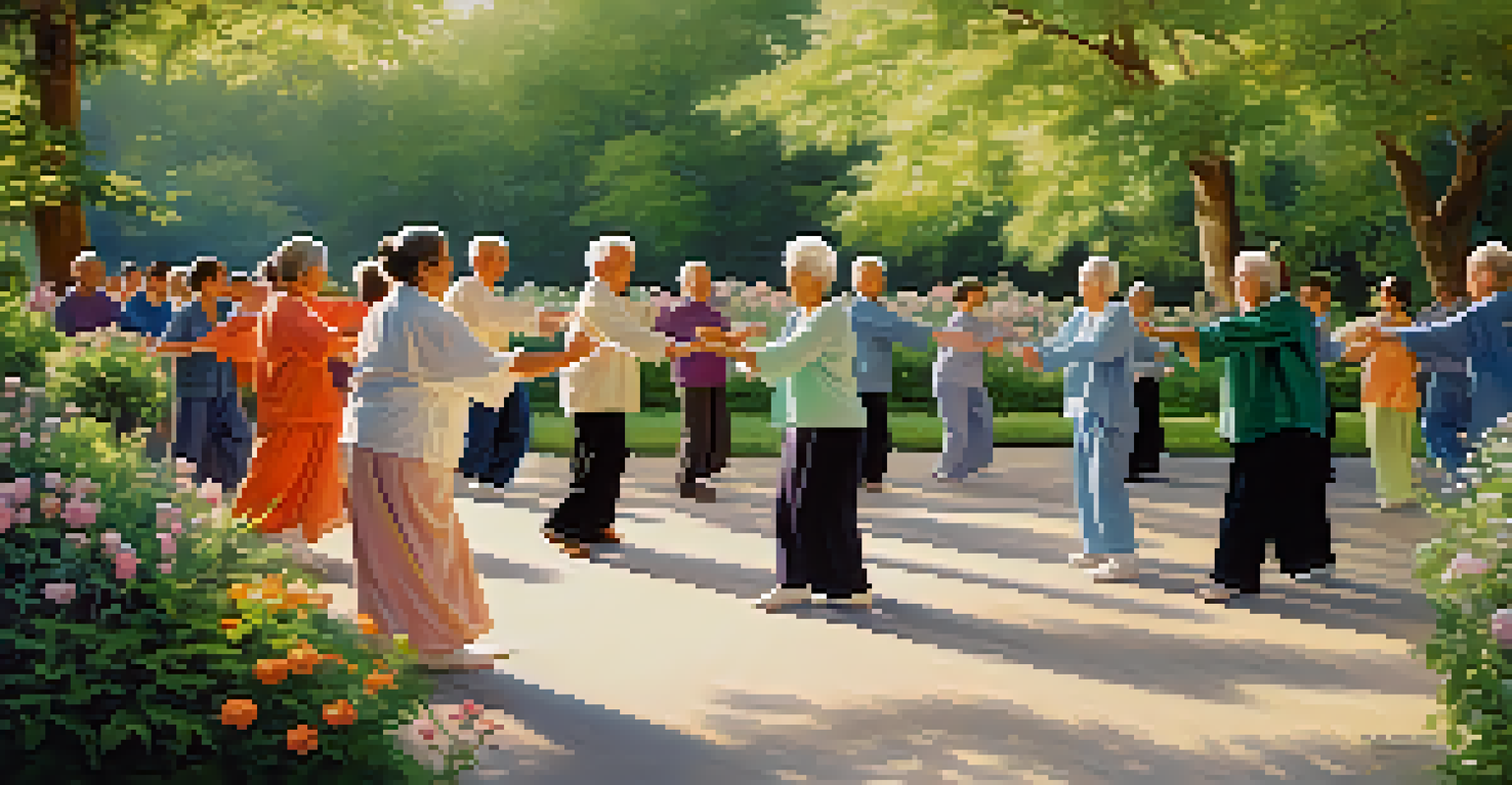 Older adults engaging in a gentle Tai Chi-inspired dance outdoors, surrounded by nature.