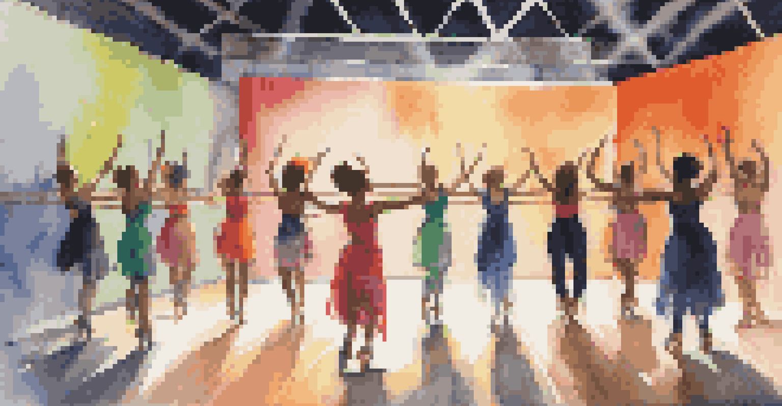 A lighting designer and dancers working together in a rehearsal space filled with colorful lights.