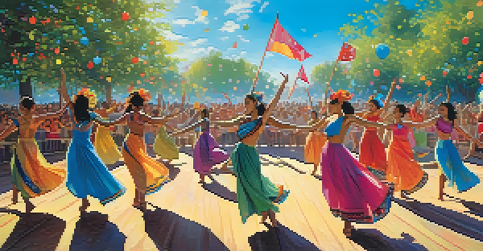 A lively outdoor dance festival with diverse dancers in colorful costumes performing on stage, surrounded by enthusiastic spectators and colorful decorations.
