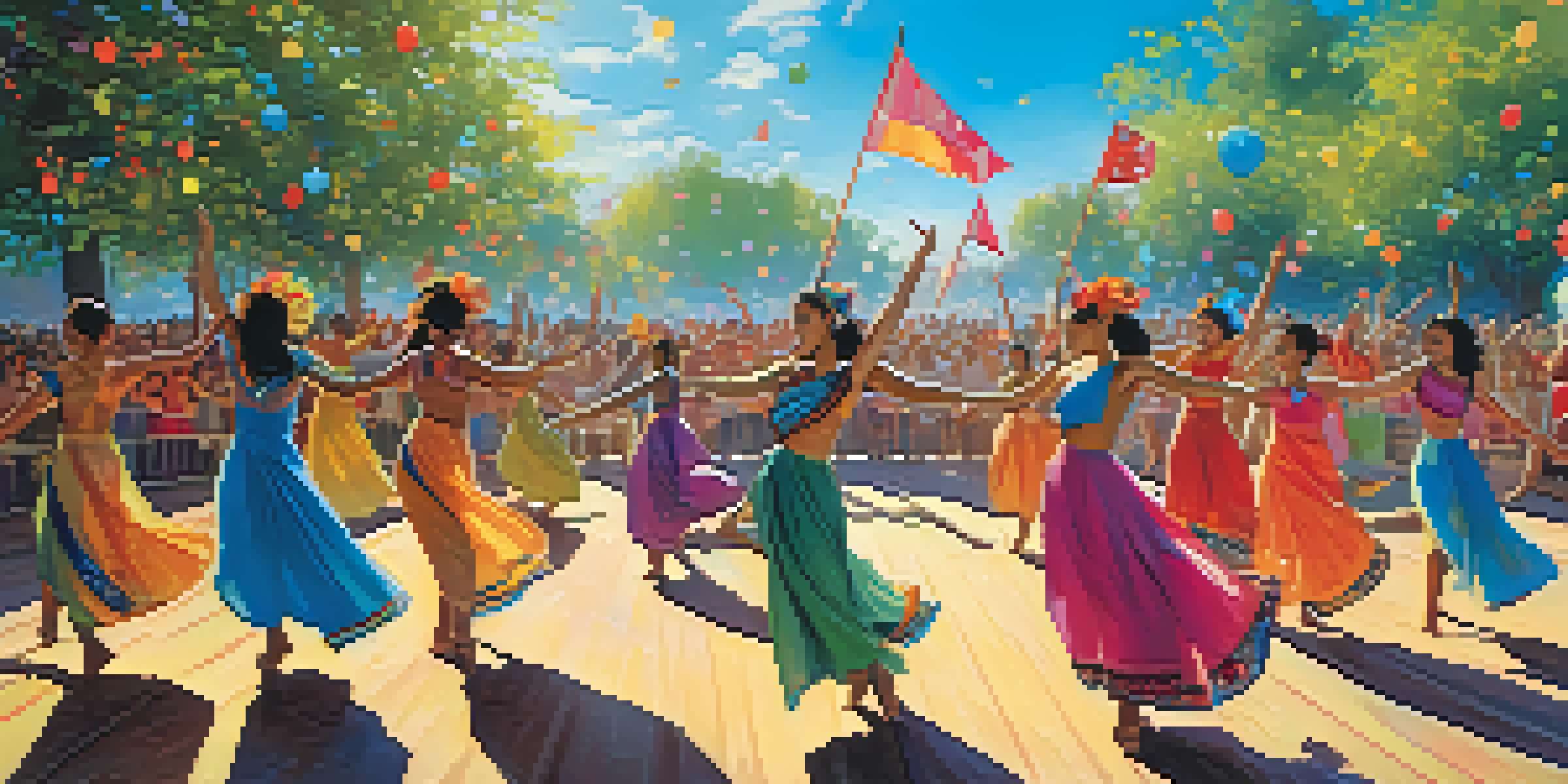A lively outdoor dance festival with diverse dancers in colorful costumes performing on stage, surrounded by enthusiastic spectators and colorful decorations.
