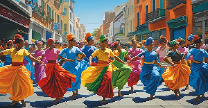 A diverse group of dancers performing a fusion of traditional and contemporary dance styles in a colorful urban setting under a bright blue sky.