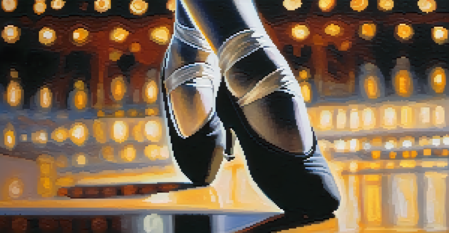 Close-up of a dancer's feet in dance shoes on a softly lit stage.
