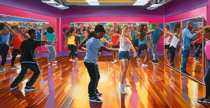 A dance studio with diverse individuals practicing various dance styles, showcasing joy and concentration in a colorful and energetic environment.