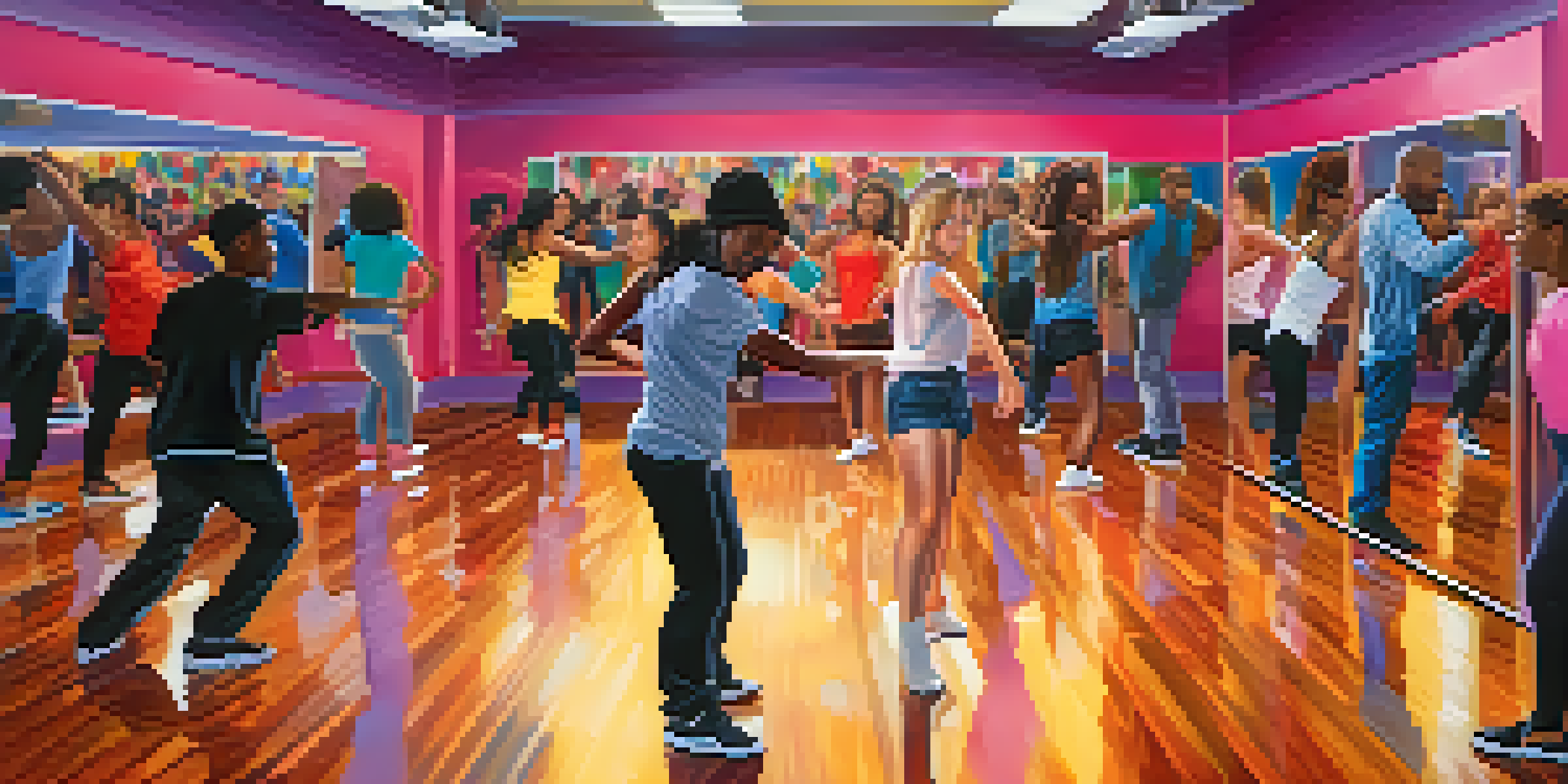 A dance studio with diverse individuals practicing various dance styles, showcasing joy and concentration in a colorful and energetic environment.