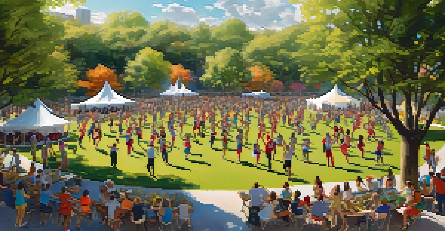 An aerial view of a vibrant dance festival, showcasing participants in workshops under colorful tents, surrounded by nature on a sunny day.