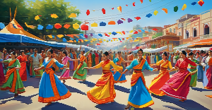 A lively festival scene with dancers in colorful traditional costumes performing, surrounded by an enthusiastic audience and festival decorations under a blue sky.