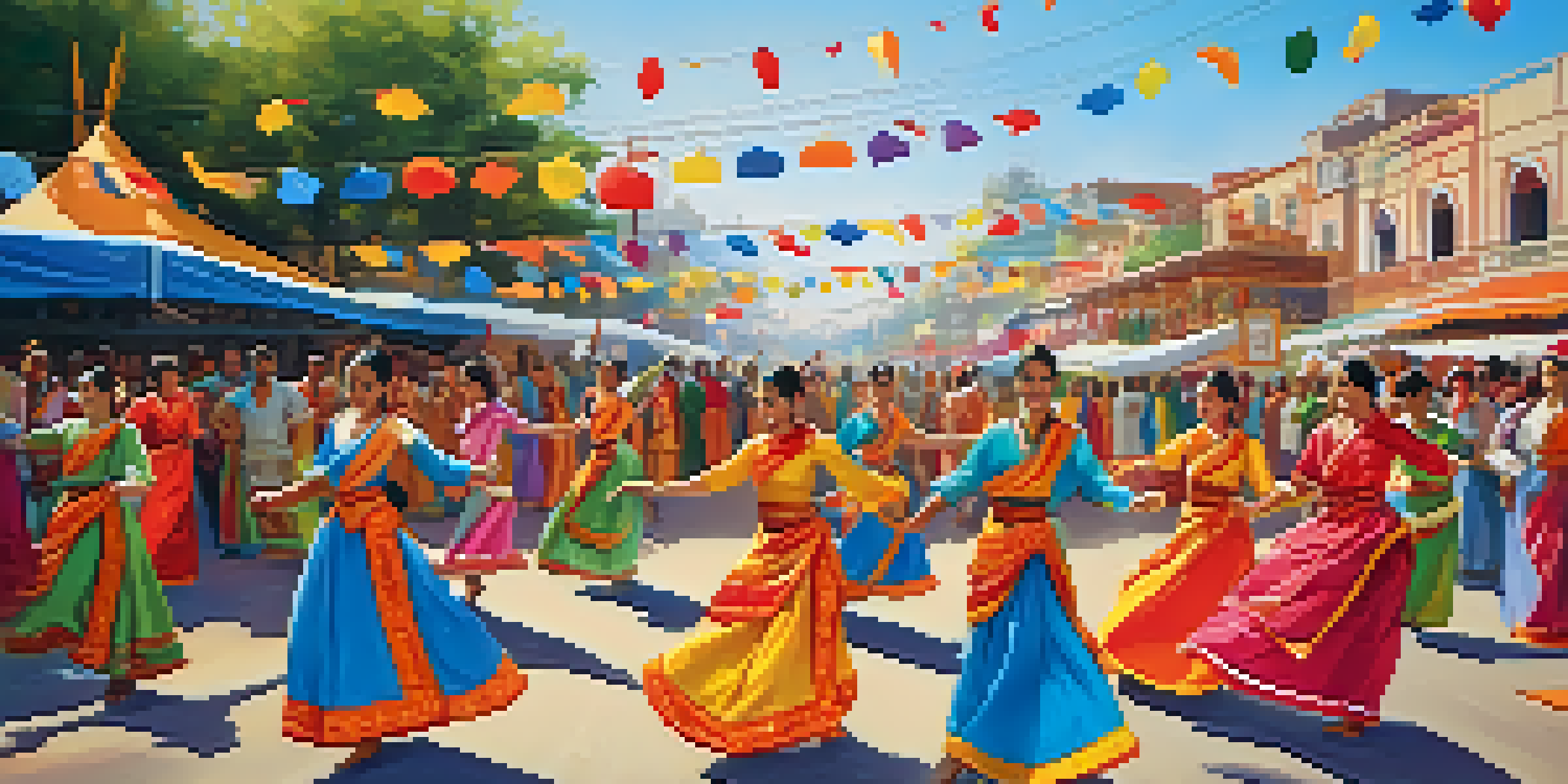 A lively festival scene with dancers in colorful traditional costumes performing, surrounded by an enthusiastic audience and festival decorations under a blue sky.