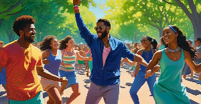 A diverse group of people dancing joyfully in a park, surrounded by trees and a blue sky.