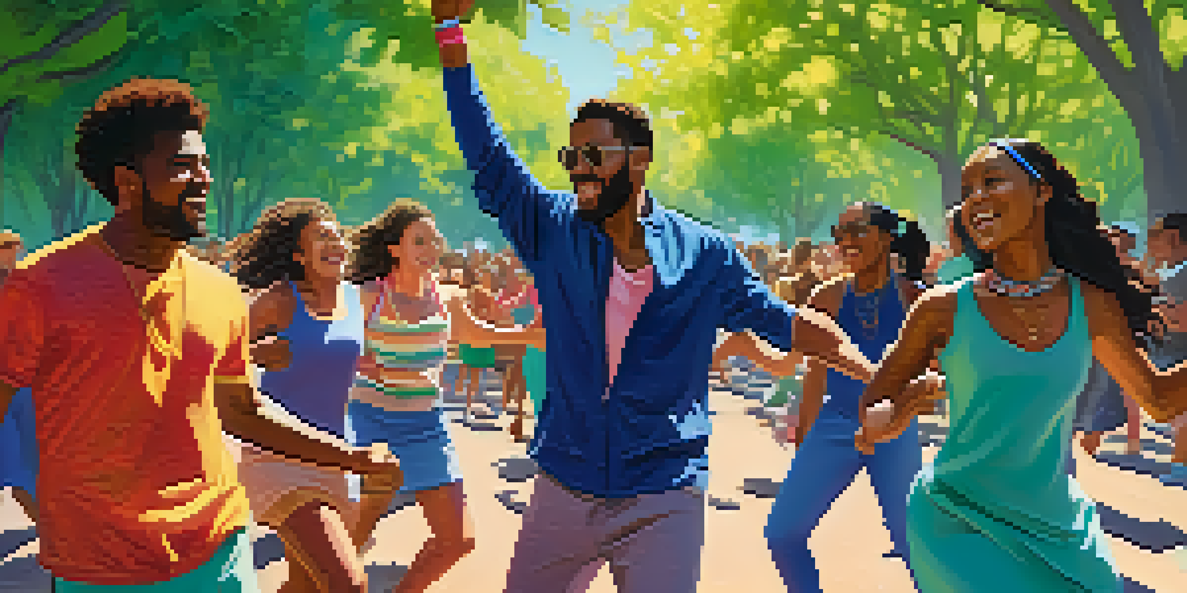 A diverse group of people dancing joyfully in a park, surrounded by trees and a blue sky.