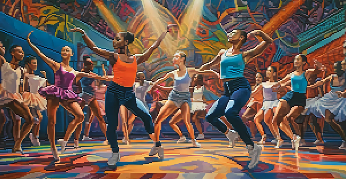 A dynamic dance performance featuring dancers blending ballet and hip-hop styles in mid-air with colorful lighting and a culturally rich background.