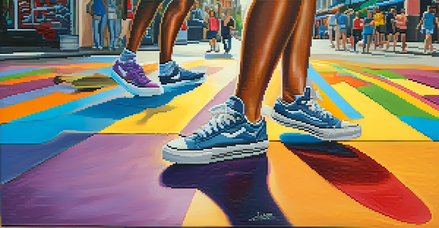 A close-up of a dancer's feet showcasing intricate footwork on a colorful street, with vibrant street art in the background.