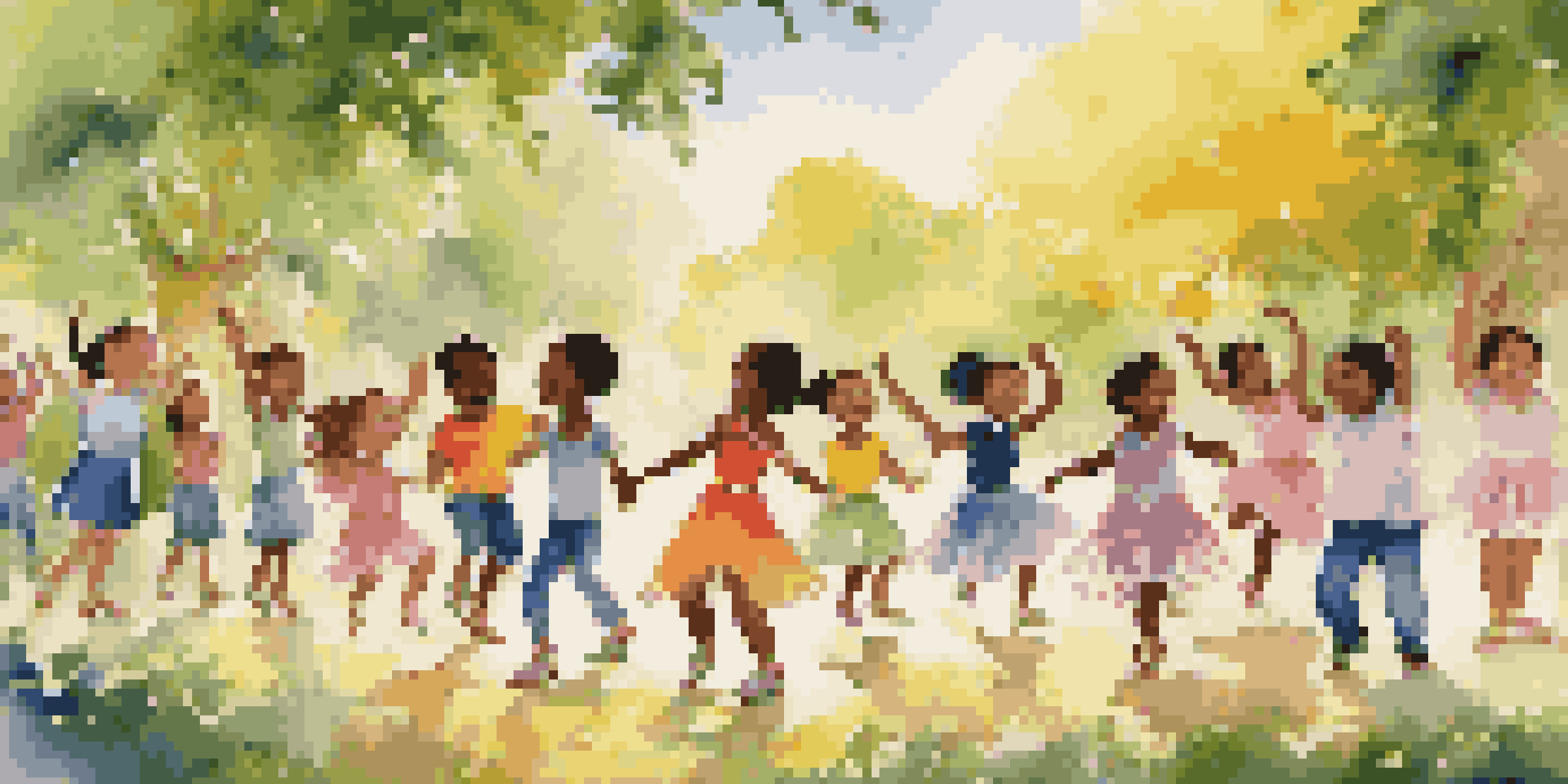 A diverse group of children dancing in a sunny park, showcasing different dance styles and ethnic backgrounds.