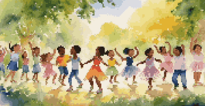 A diverse group of children dancing in a sunny park, showcasing different dance styles and ethnic backgrounds.