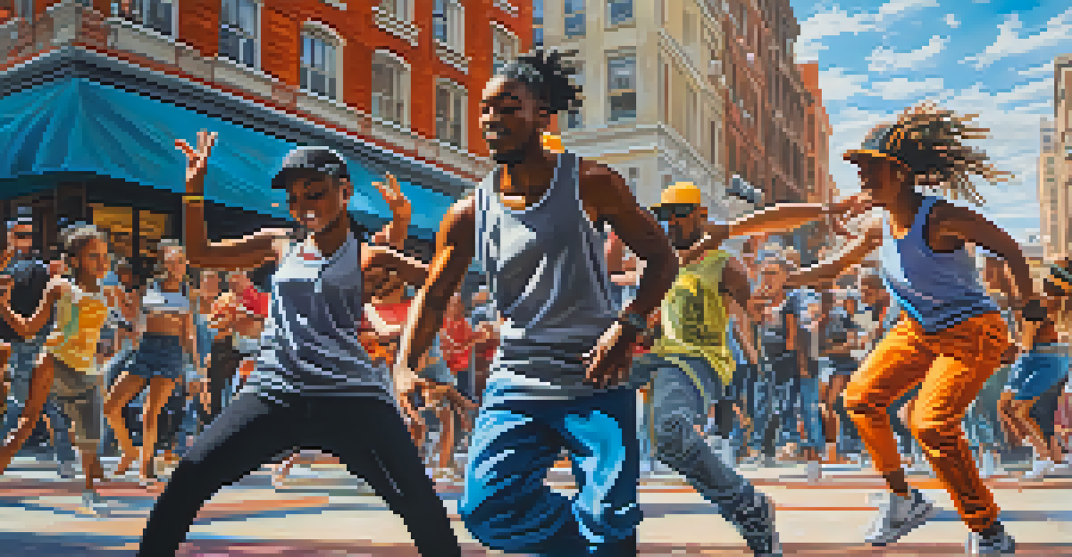 Young hip-hop dancers performing in a busy city square, surrounded by spectators and vibrant graffiti.