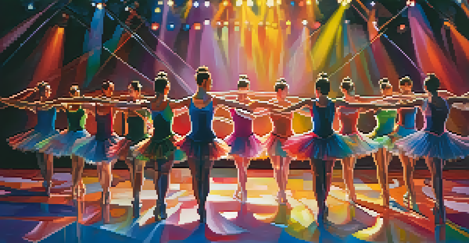 Contemporary ballet performance with diverse dancers and colorful stage lights.