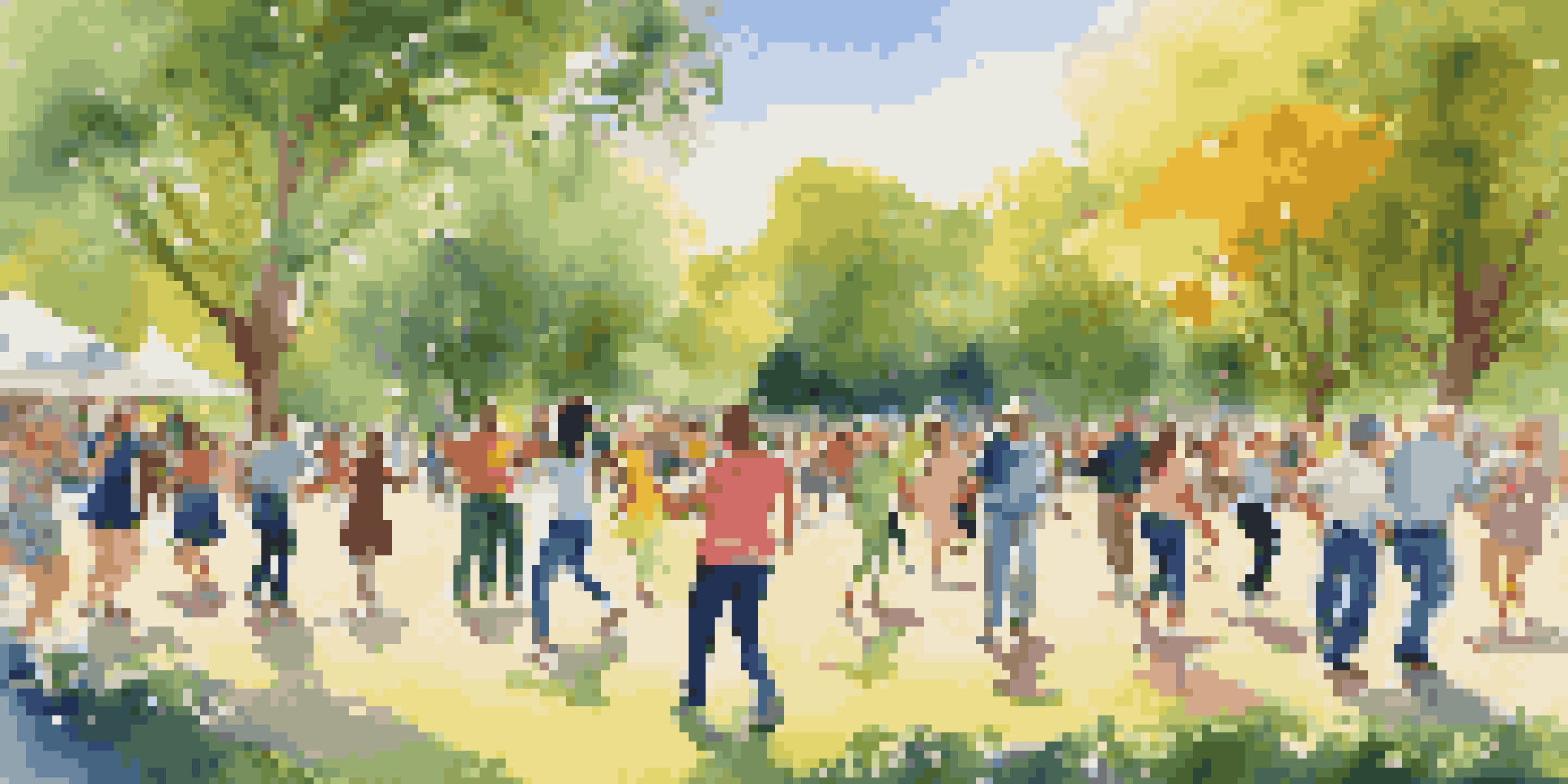 A colorful park filled with people of various ages dancing together under a sunny sky, surrounded by greenery and flowers.