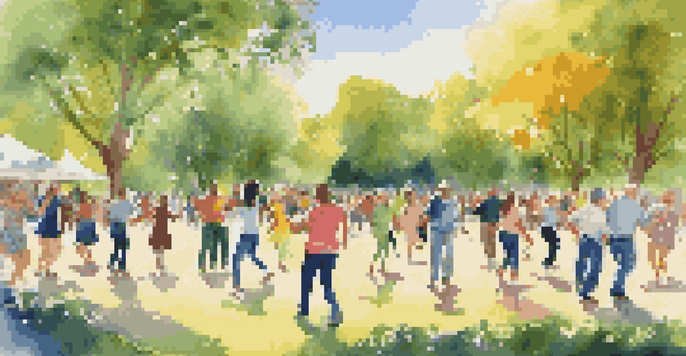 A colorful park filled with people of various ages dancing together under a sunny sky, surrounded by greenery and flowers.
