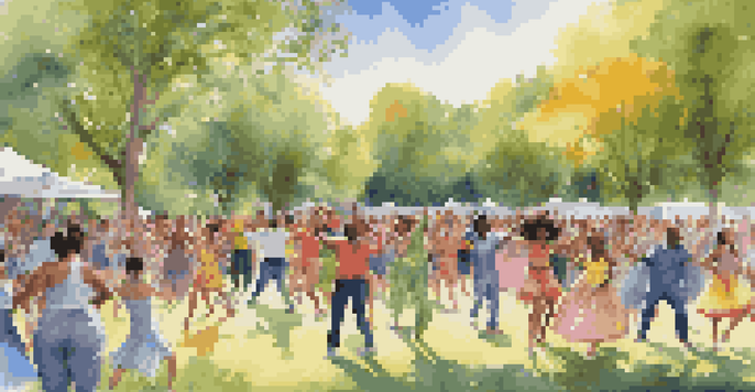 A lively outdoor dance event with diverse performers in colorful costumes. Spectators are watching in a sunny park with green trees and flowers.