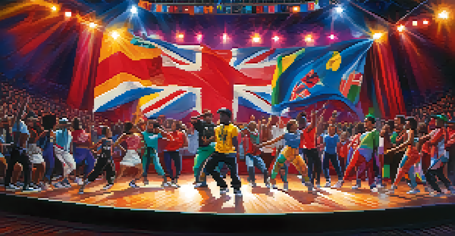 A stage at a global hip hop dance competition featuring diverse dancers, with flags from various countries in the background and colorful stage lighting.