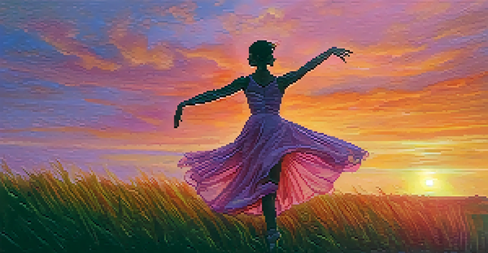 A dancer silhouetted against a colorful sunset in an open field, arms extended in a graceful pose.
