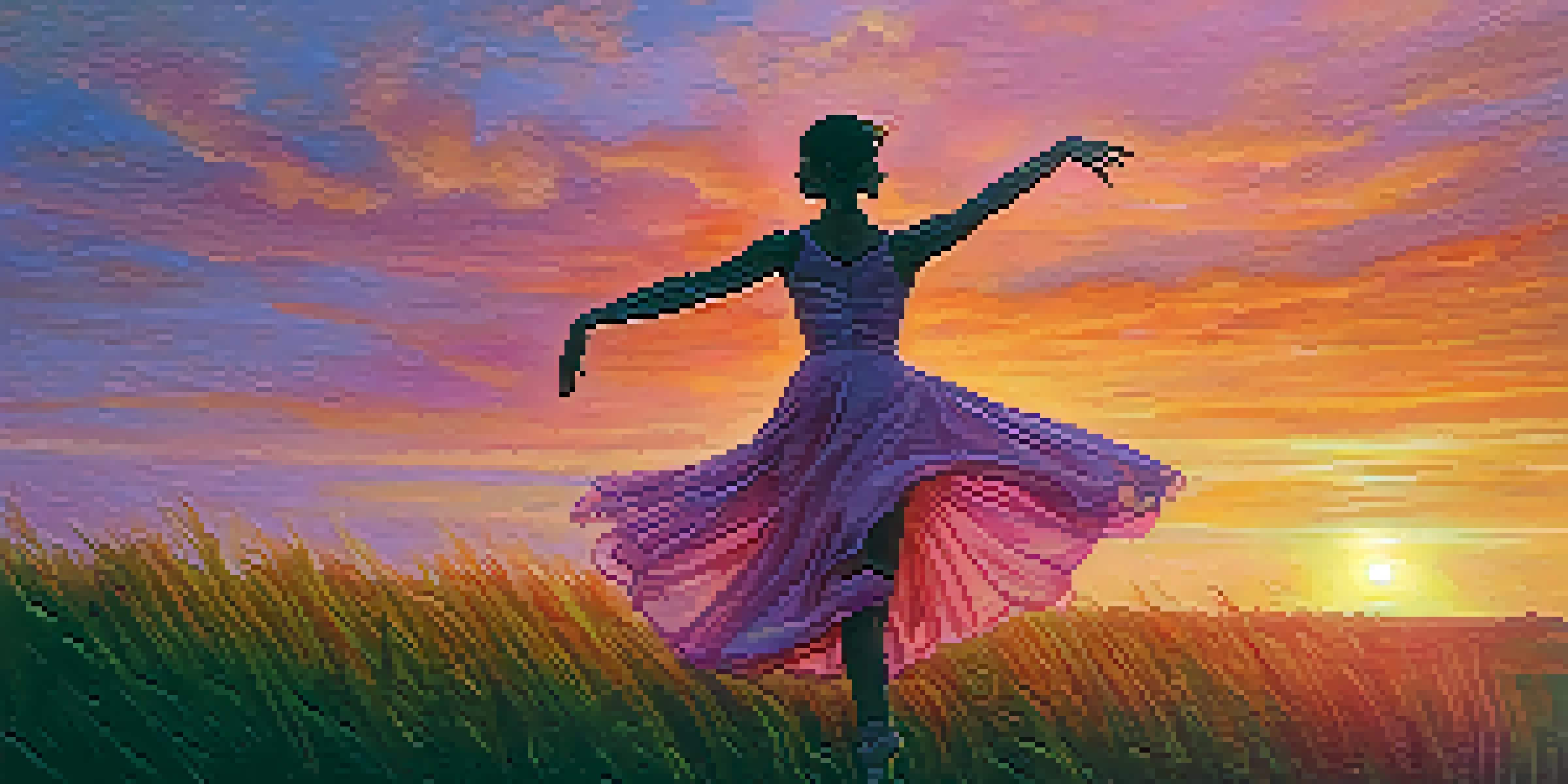 A dancer silhouetted against a colorful sunset in an open field, arms extended in a graceful pose.