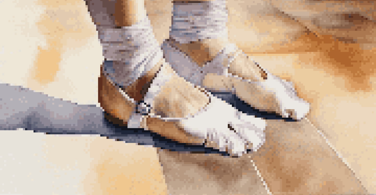 Close-up of a dancer's feet in adaptive dance shoes on a textured dance floor, with a blurred background emphasizing the shoes' details.