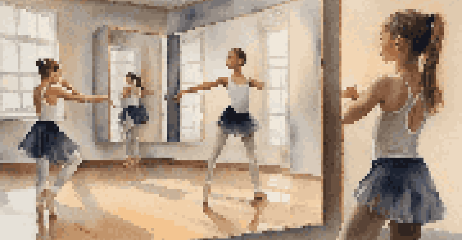 A young dancer practicing and focusing in front of a mirror in a dance studio.