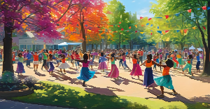 A diverse group of people participating in a lively community dance workshop in a park, with sunlight filtering through trees.