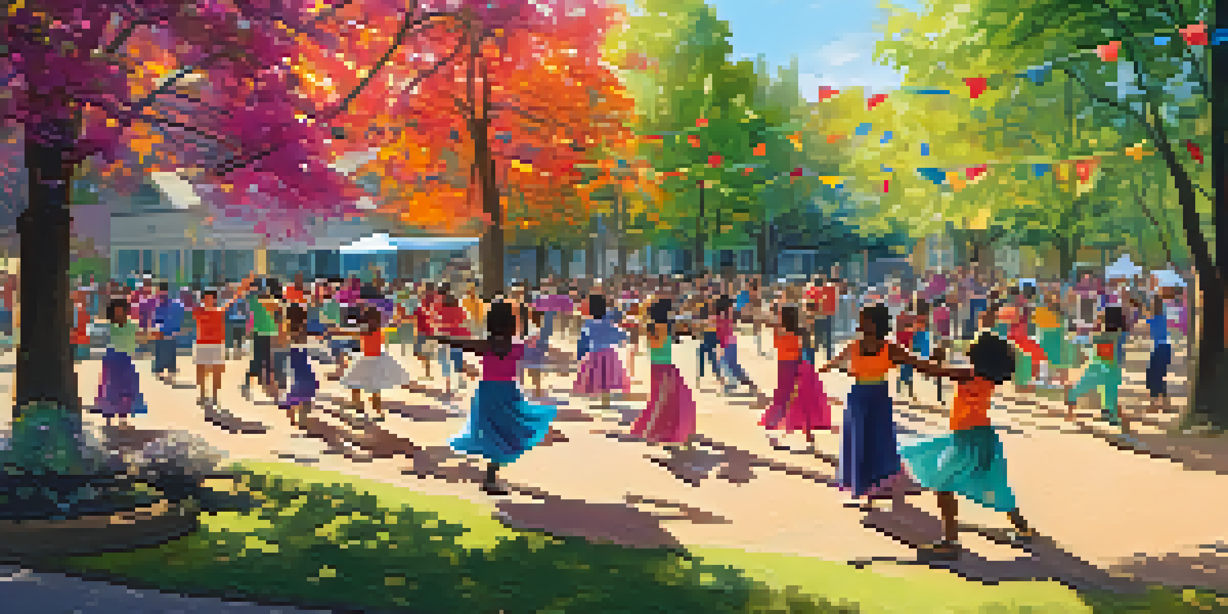 A diverse group of people participating in a lively community dance workshop in a park, with sunlight filtering through trees.