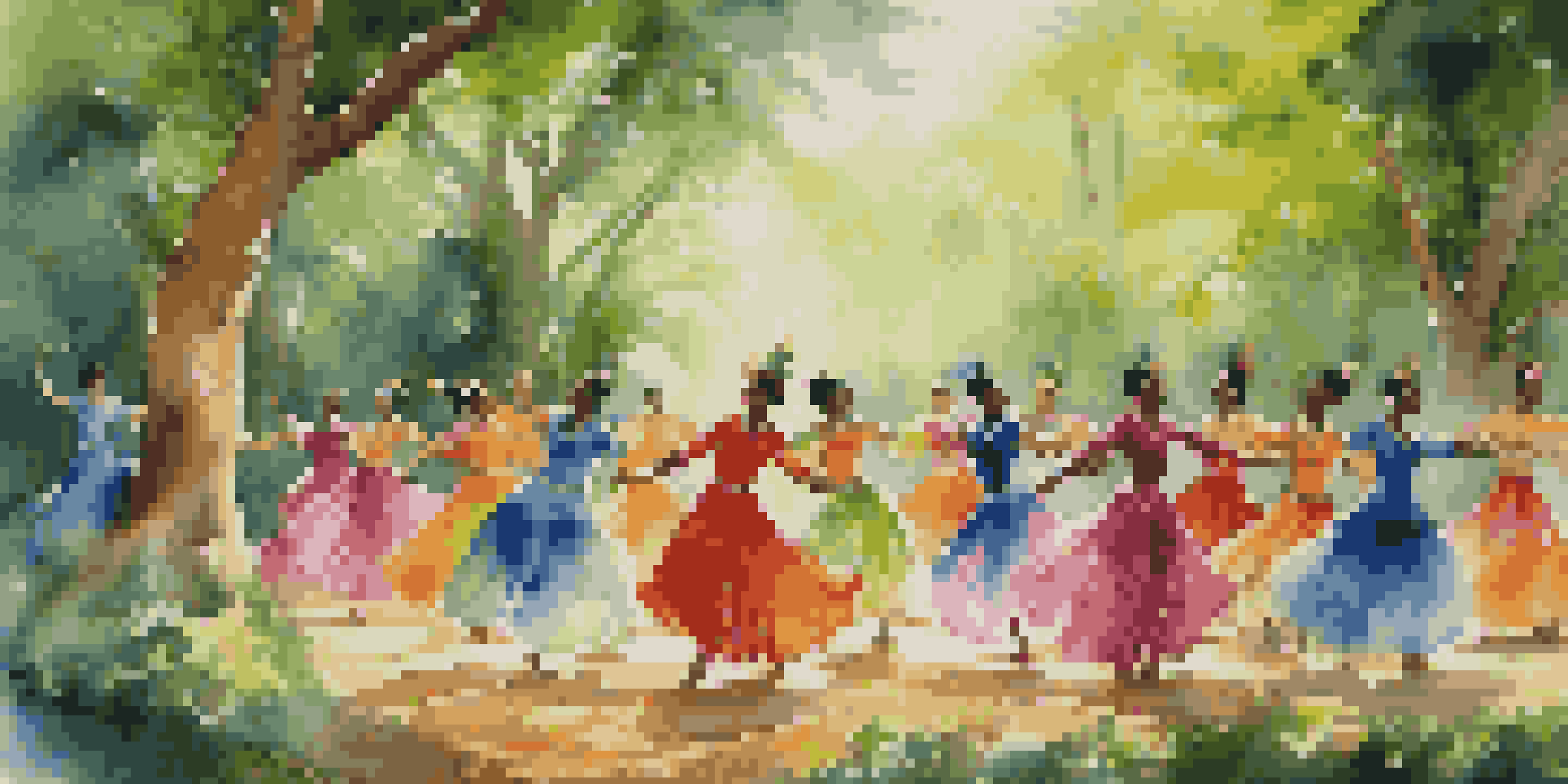 Dancers in colorful traditional costumes performing in a lush green forest, emphasizing wildlife conservation.