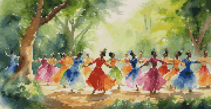 Dancers in colorful traditional costumes performing in a lush green forest, emphasizing wildlife conservation.