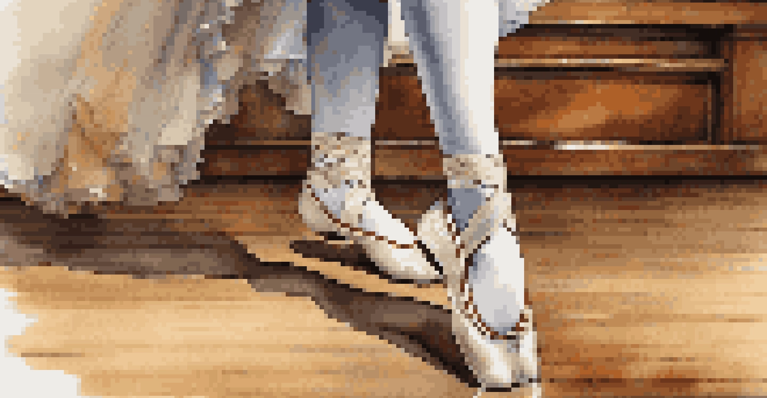 A close-up of a dancer's feet in traditional shoes on a wooden stage, showcasing intricate details and soft lighting.