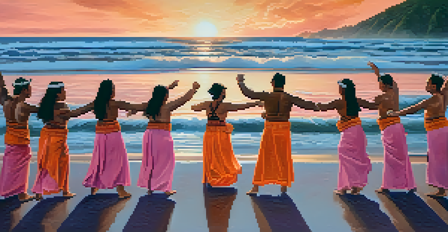 Maori dancers performing the Haka on a beach at sunset, with vibrant colors in the sky and waves in the background.
