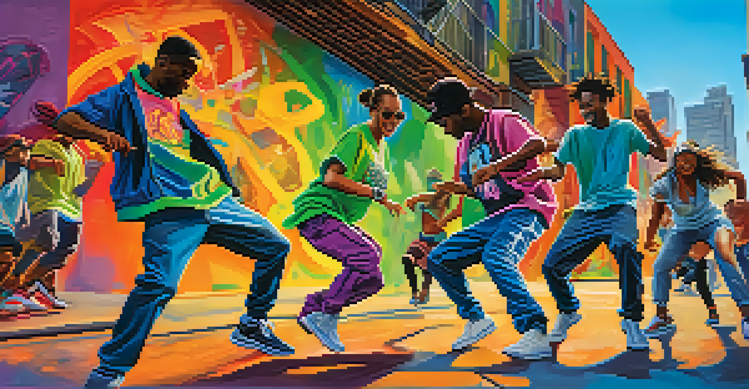 A group of diverse dancers performing hip-hop in an urban environment with graffiti and vibrant colors.