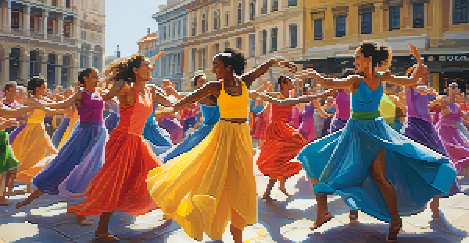A lively flash mob of dancers in a city square, surrounded by an enthusiastic crowd, showcasing vibrant costumes and dance styles.