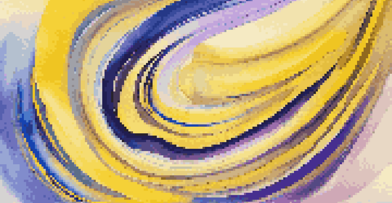 An abstract digital artwork with swirls of bright yellow, blue, and lavender hues, suggesting movement and energy.