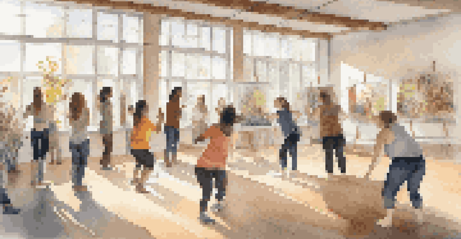 A community workshop where participants of various ages are learning dance movements inspired by nature in a bright studio filled with natural decorations.