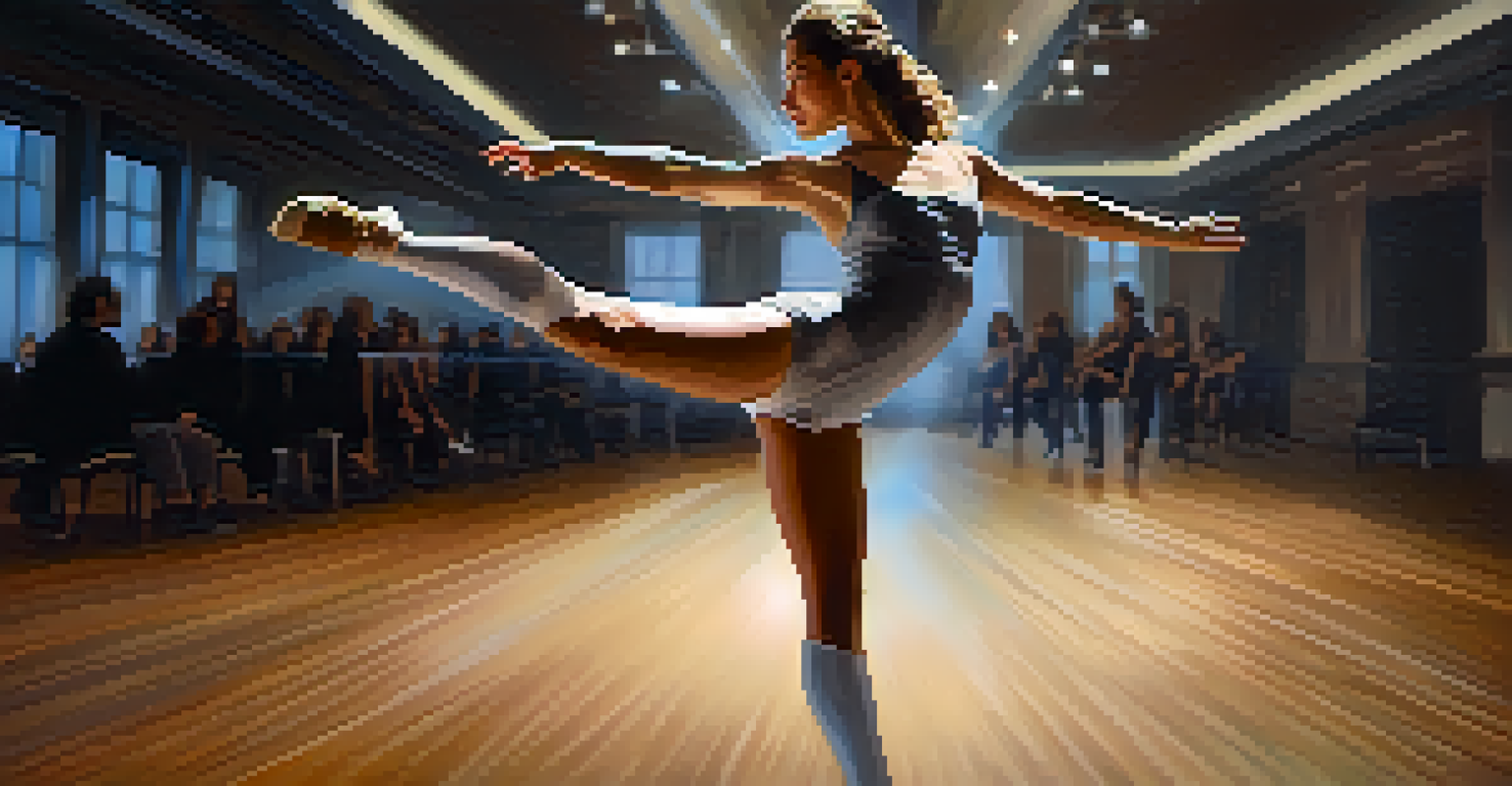 A close-up of a dancer in an elegant pose wearing smart technology, with sensors on their outfit and soft lighting in the background.