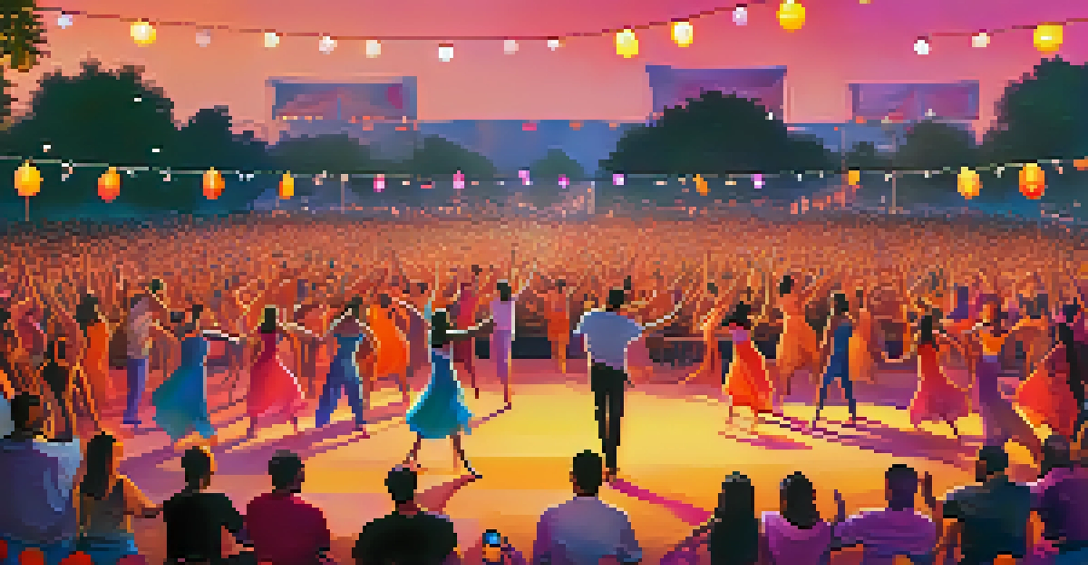 An outdoor dance festival at sunset with dancers on stage and an engaged audience capturing the moment.