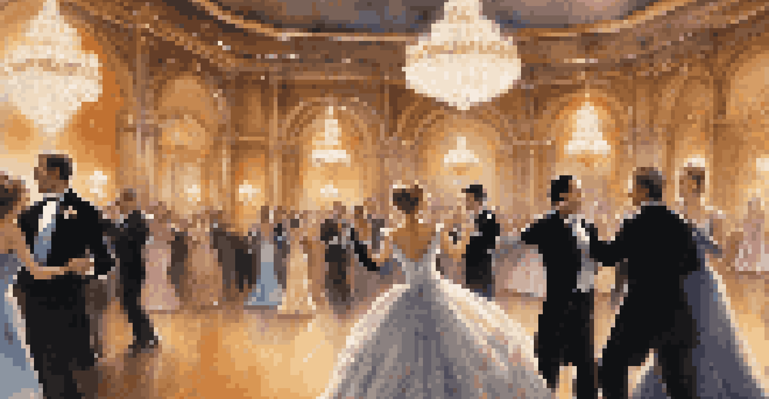 A couple dancing a graceful waltz in an elegant ballroom, surrounded by other dancers and illuminated by candlelight.