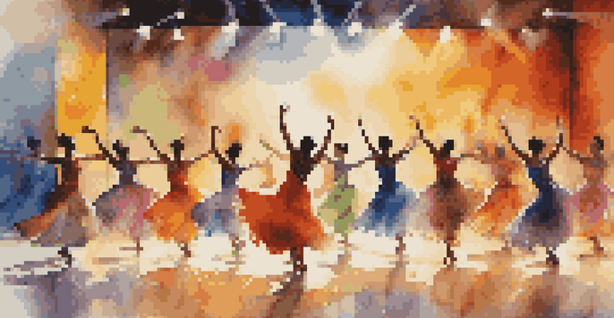 A colorful dance performance on stage with dancers in vibrant costumes against a warm-toned backdrop.