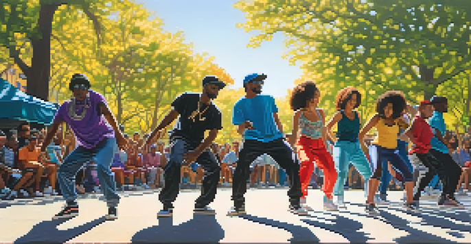 A group of diverse hip-hop dancers performing energetically in a public park, with sunlight filtering through trees and an engaged crowd watching.