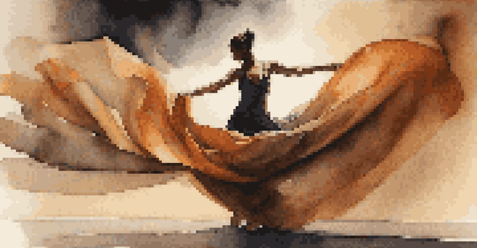 A dancer in motion on stage, surrounded by flowing fabrics and warm lighting, embodying emotion through graceful movements.