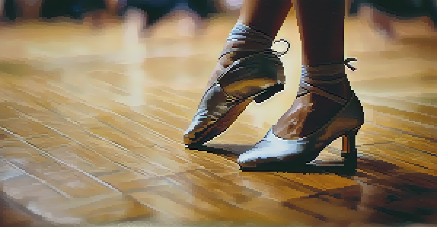 A close-up shot of a dancer's feet in motion on a wooden dance floor, highlighting the details of the shoes.