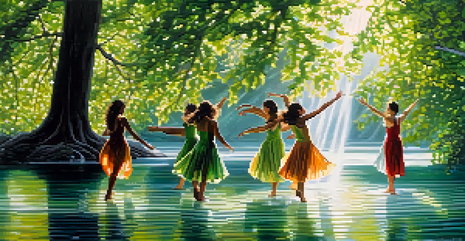 Dancers performing contemporary dance in an outdoor setting, interacting with water and surrounded by green plants, illuminated by sunlight.