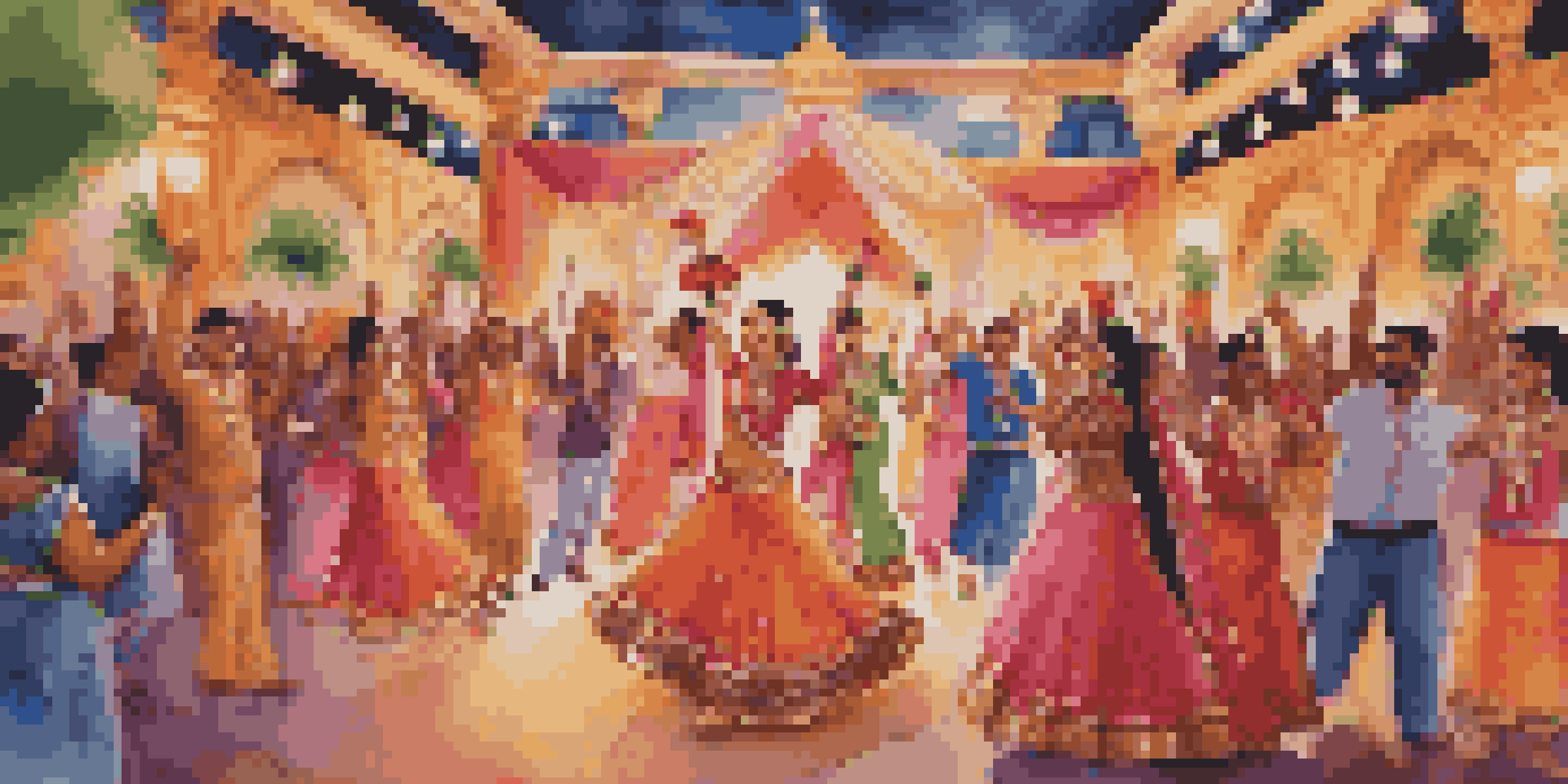 A lively Indian wedding with traditional dancers in colorful clothing, surrounded by decorations and flowers, in a warm and festive atmosphere.